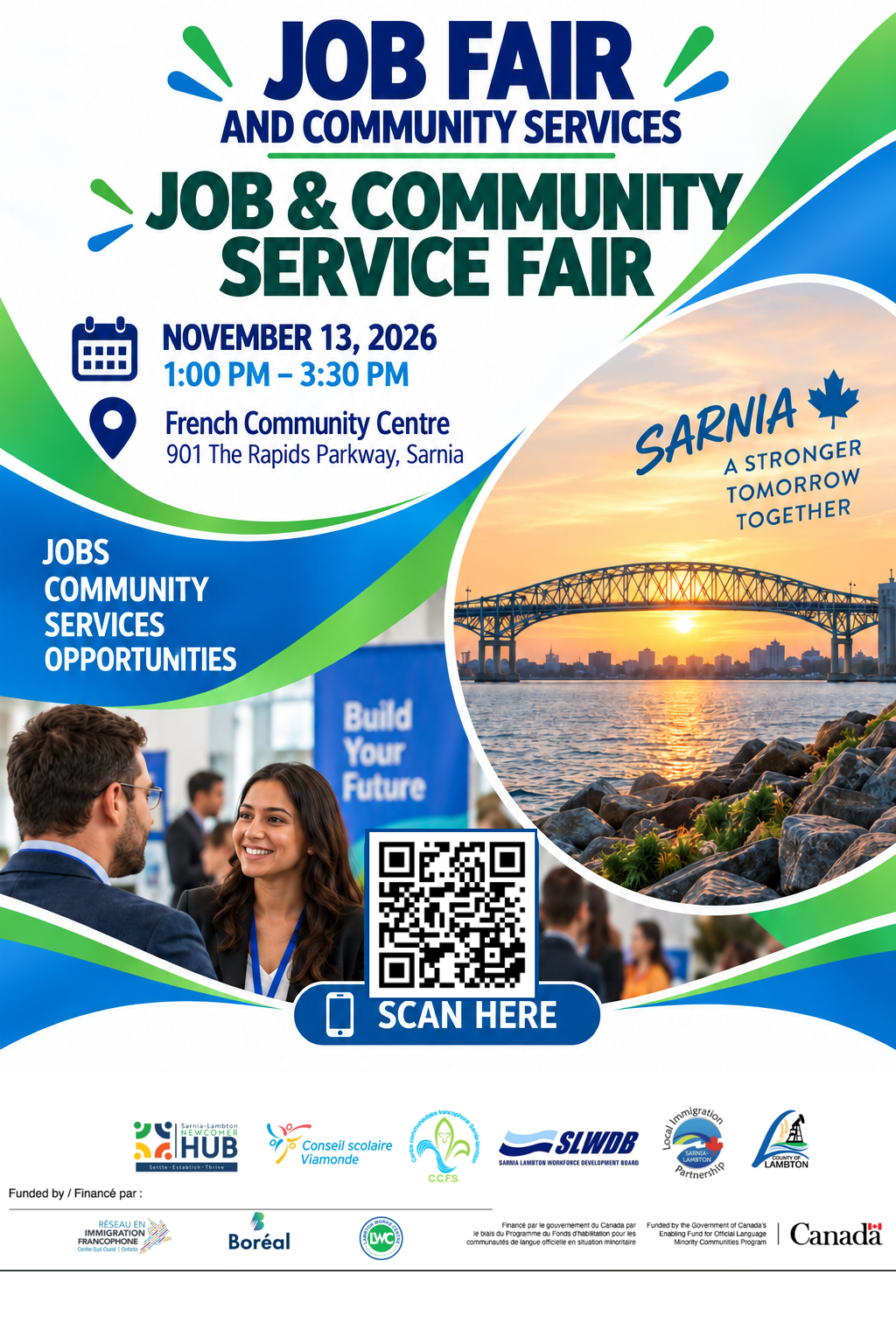 Original English poster: Job and Community Service Fair, November 13, 2026, with registration QR code and partners.