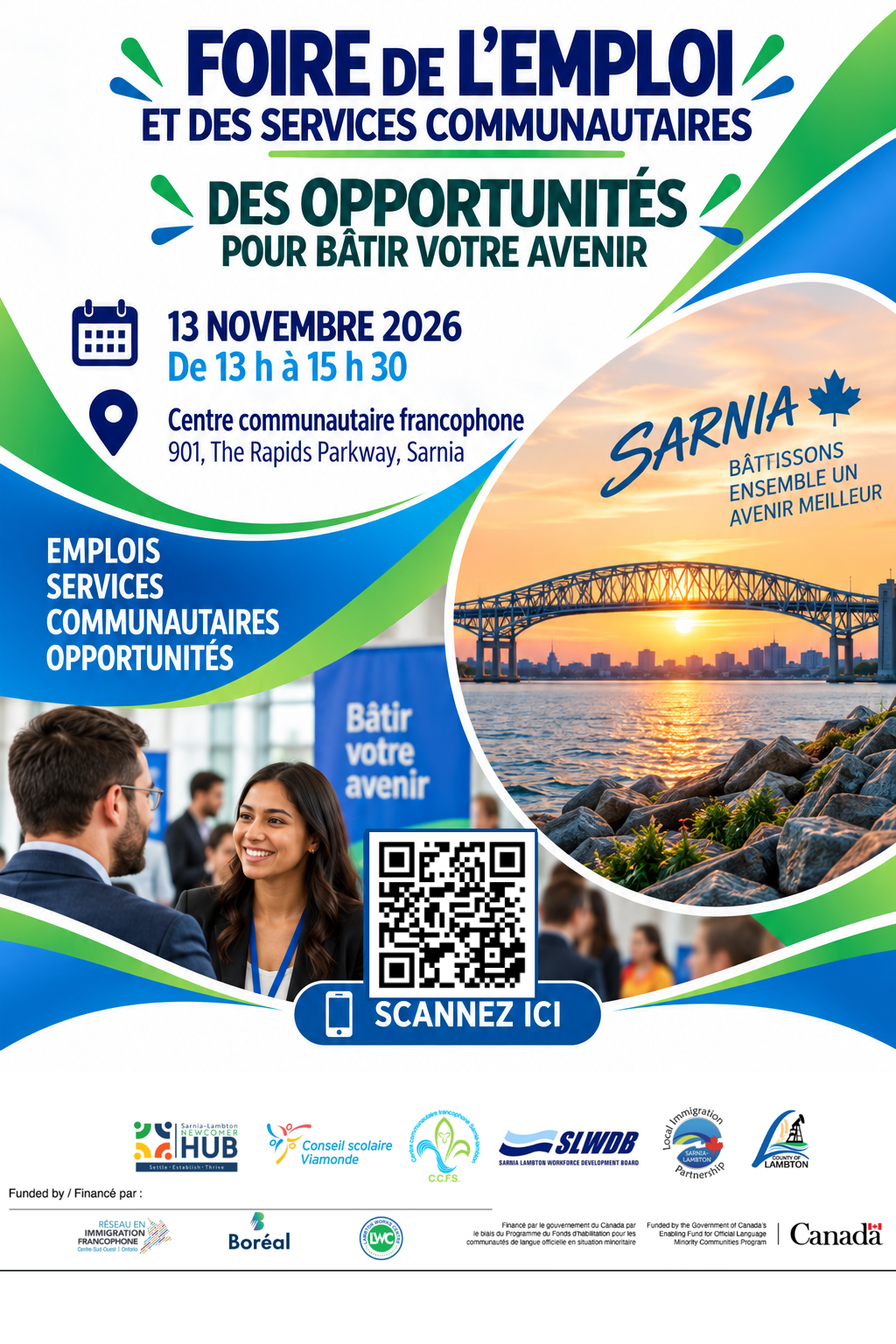 Affiche originale française de la Foire de l’emploi et des services communautaires, le 13 novembre 2026, avec code QR et partenaires.